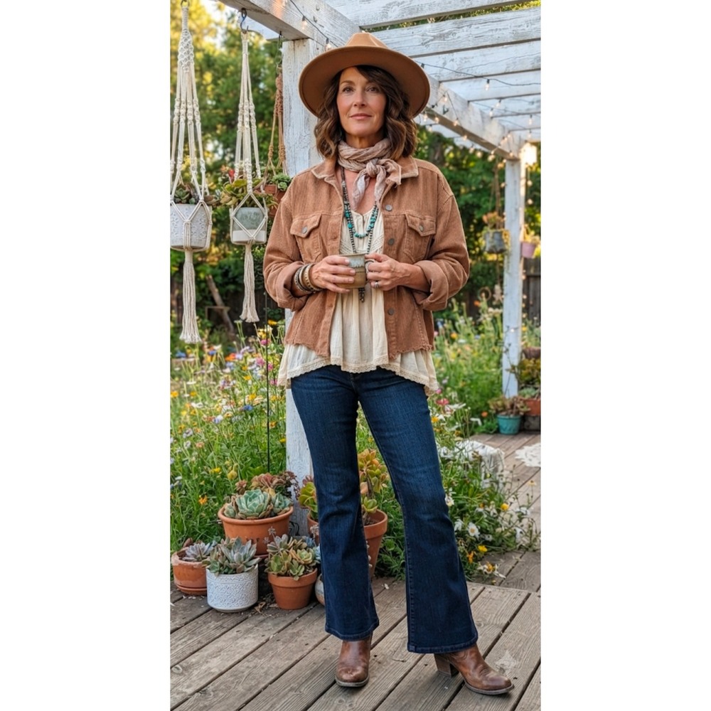 Altar'd State Brown Corduroy Raw Hem Cropped Trucker Jacket Womens Medium